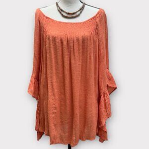 Est.1946 Womens 22/24W Top Orange Scoop Neck Long Flutter Sleeve‎ Smocked Summer